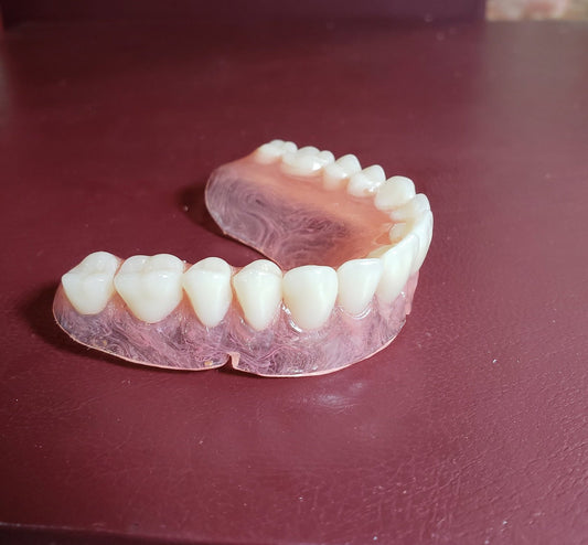 zupper ultra thin denture, horseshoe palate, lower flexible partial, wax tryin, upper impression, premium A1 shade teeth, credit display denture, express shipping 2x
