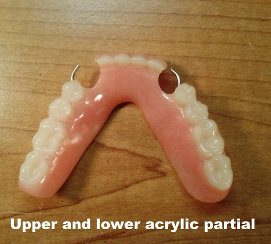 zSet of Acrylic partials, wax try-in, bleach shade, upper and lower impressions, shipping (x2)